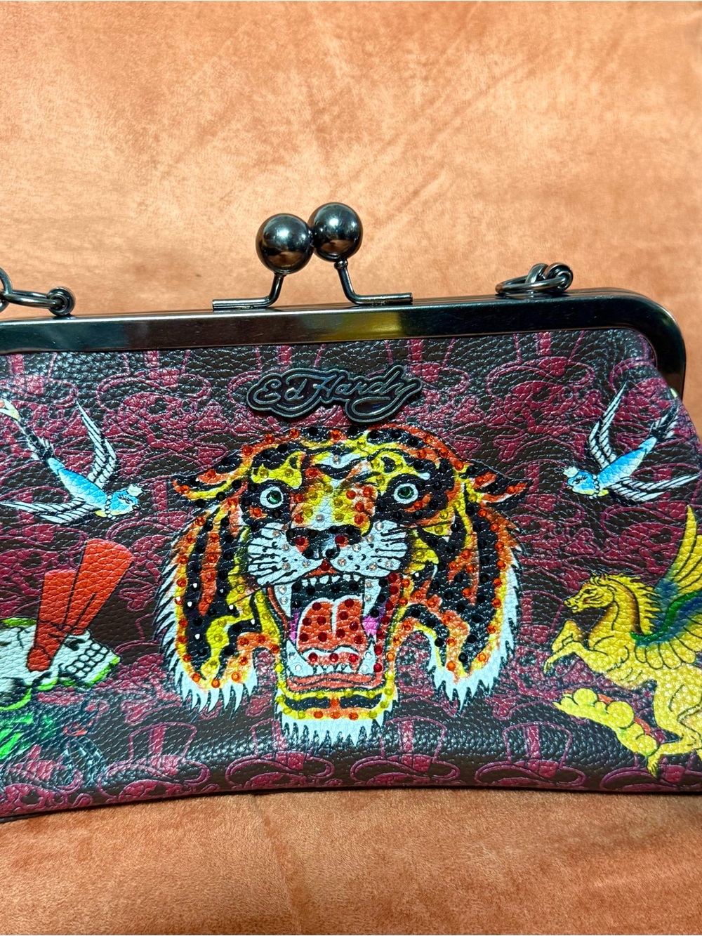 Ed Hardy Black Multicolor Tiger Kiss-Lock Shoulder Bag